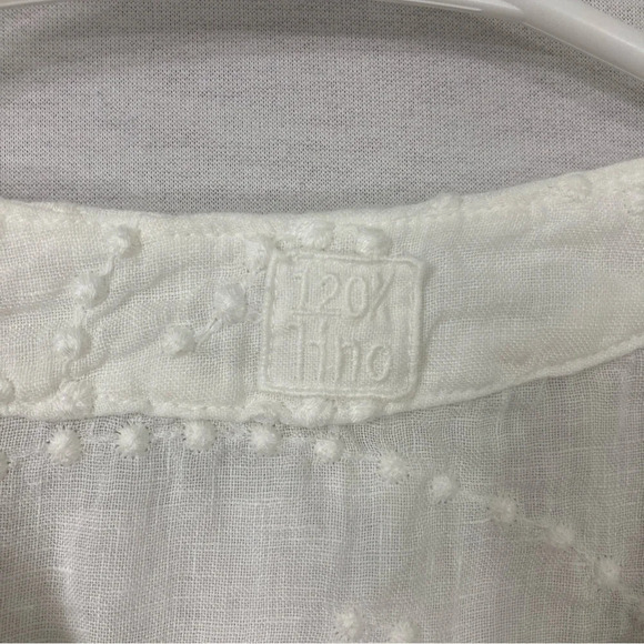 120% Lino White Y Neck Linen Side Slit Embroidered Dot Blouse size US 10 - Picture 2 of 12